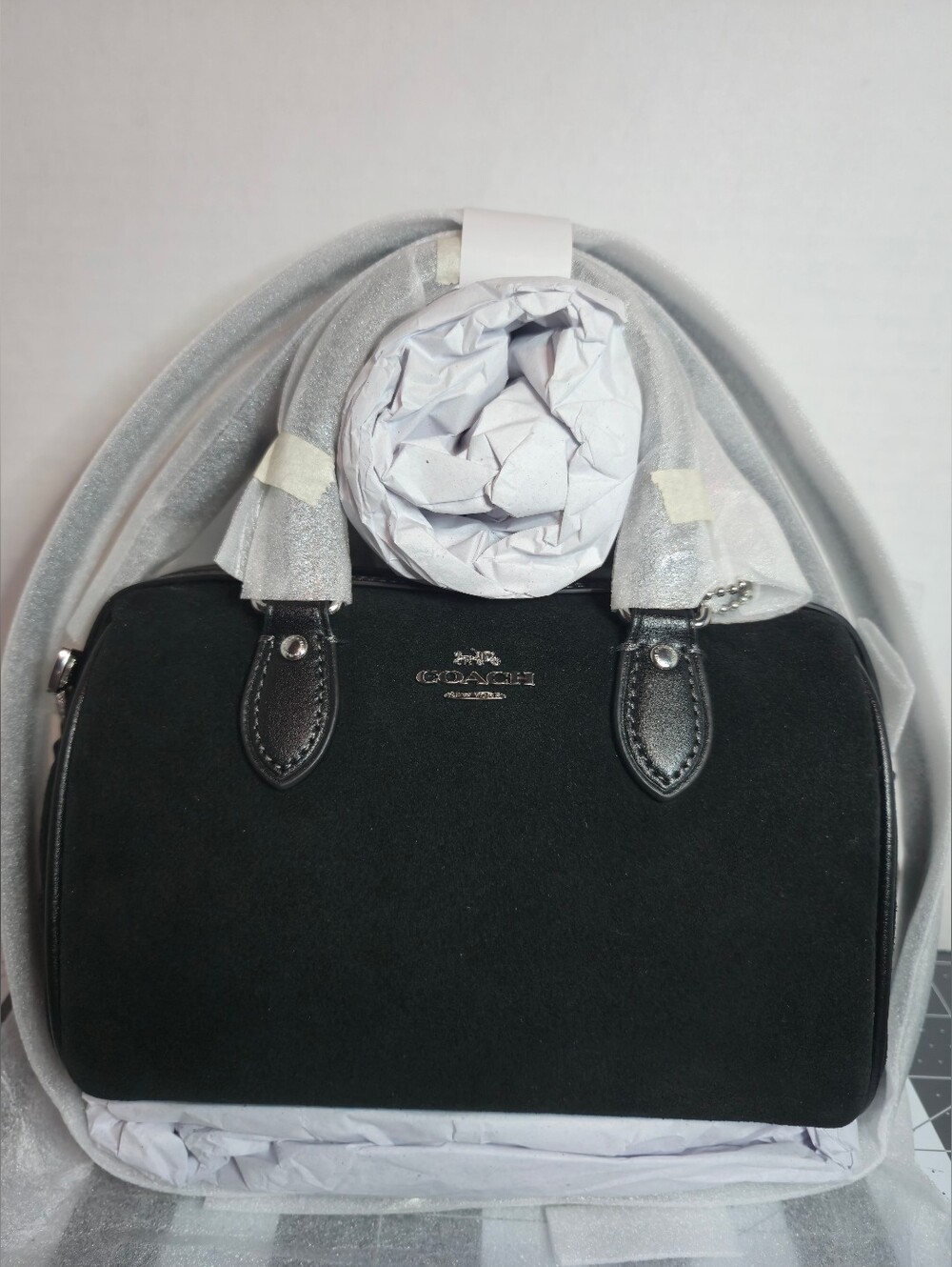 Coach Black Suede Mini Rowan With Cherry Charm